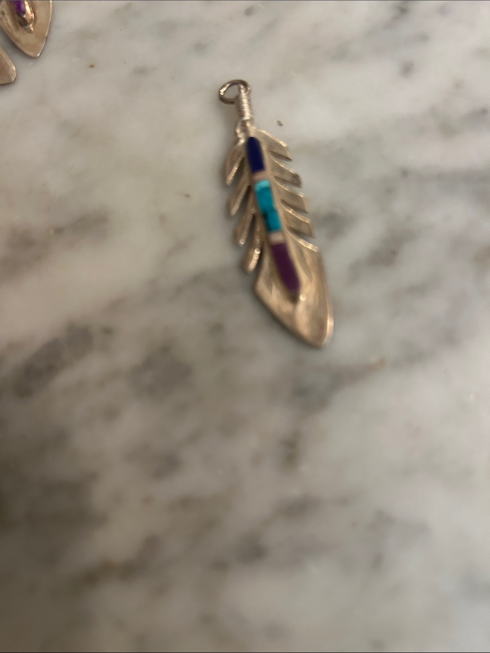 Sterling Feather Pendant Necklace with Turquoise, Purple & Blue Inlay